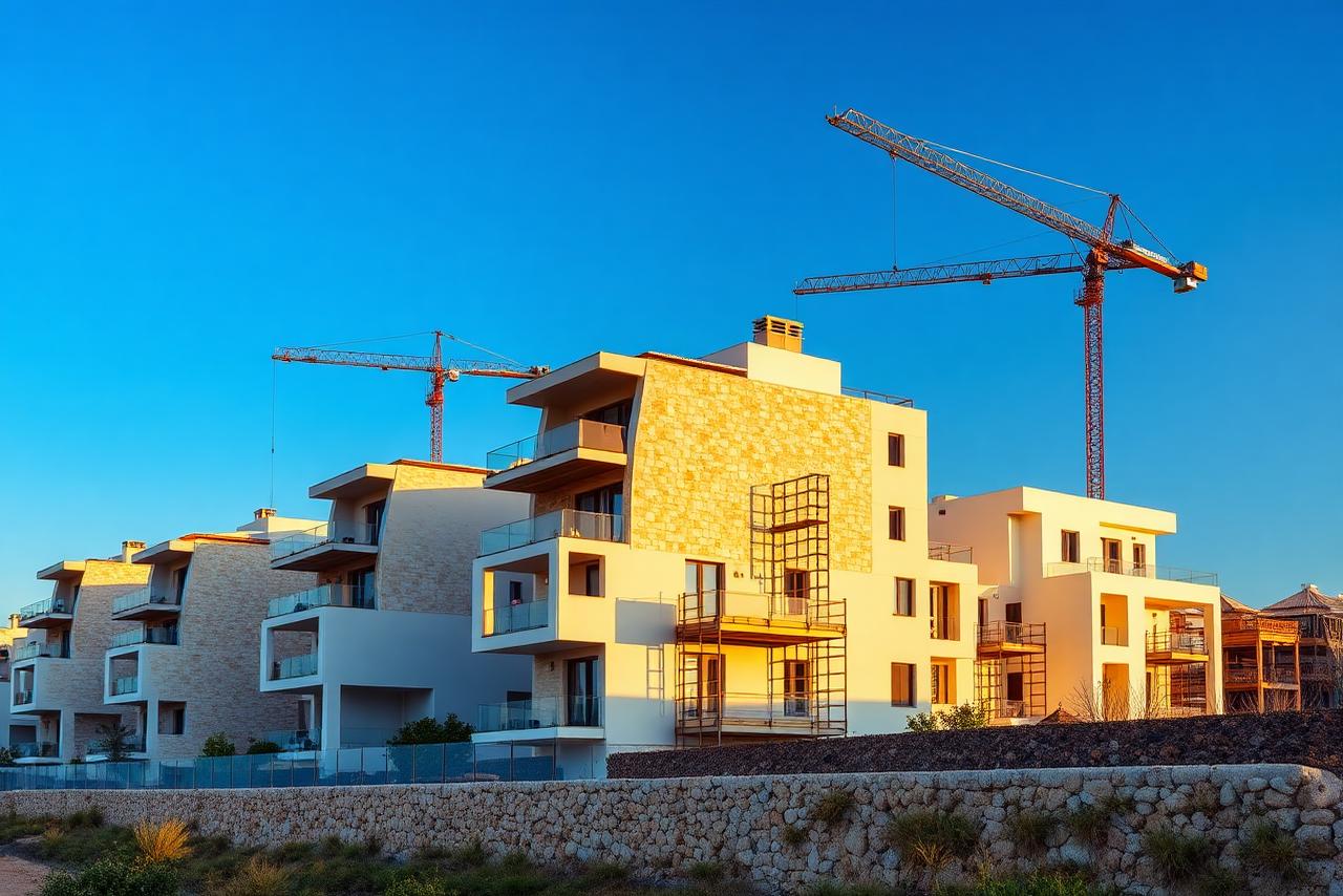 Mediterranean residential development under construction at golden hour