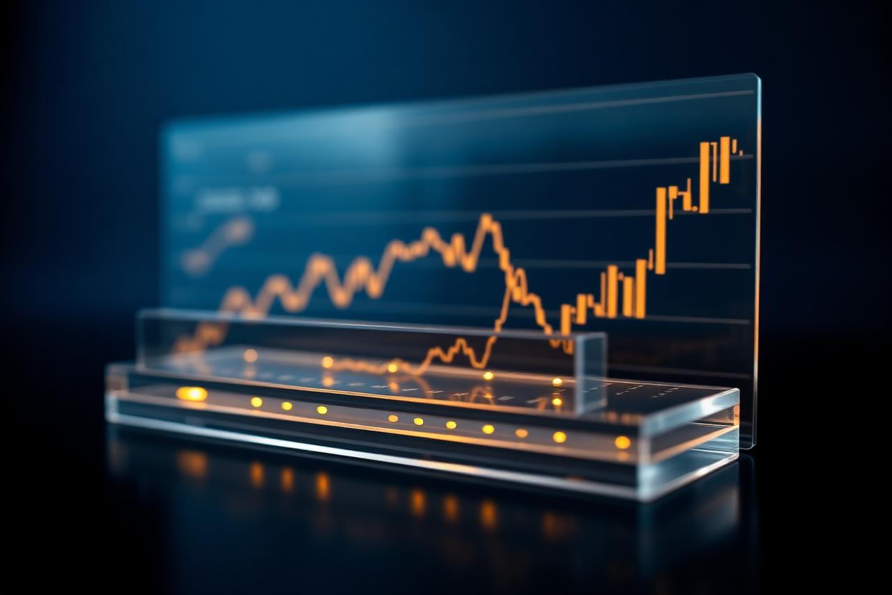 Financial charts on layered glass panels with gold accents on a dark navy background