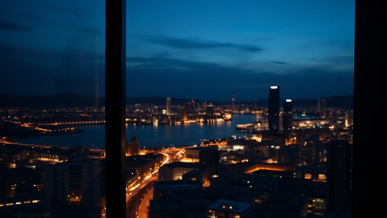 City skyline at dusk viewed from a high-rise boardroom, navy sky and gold city lights