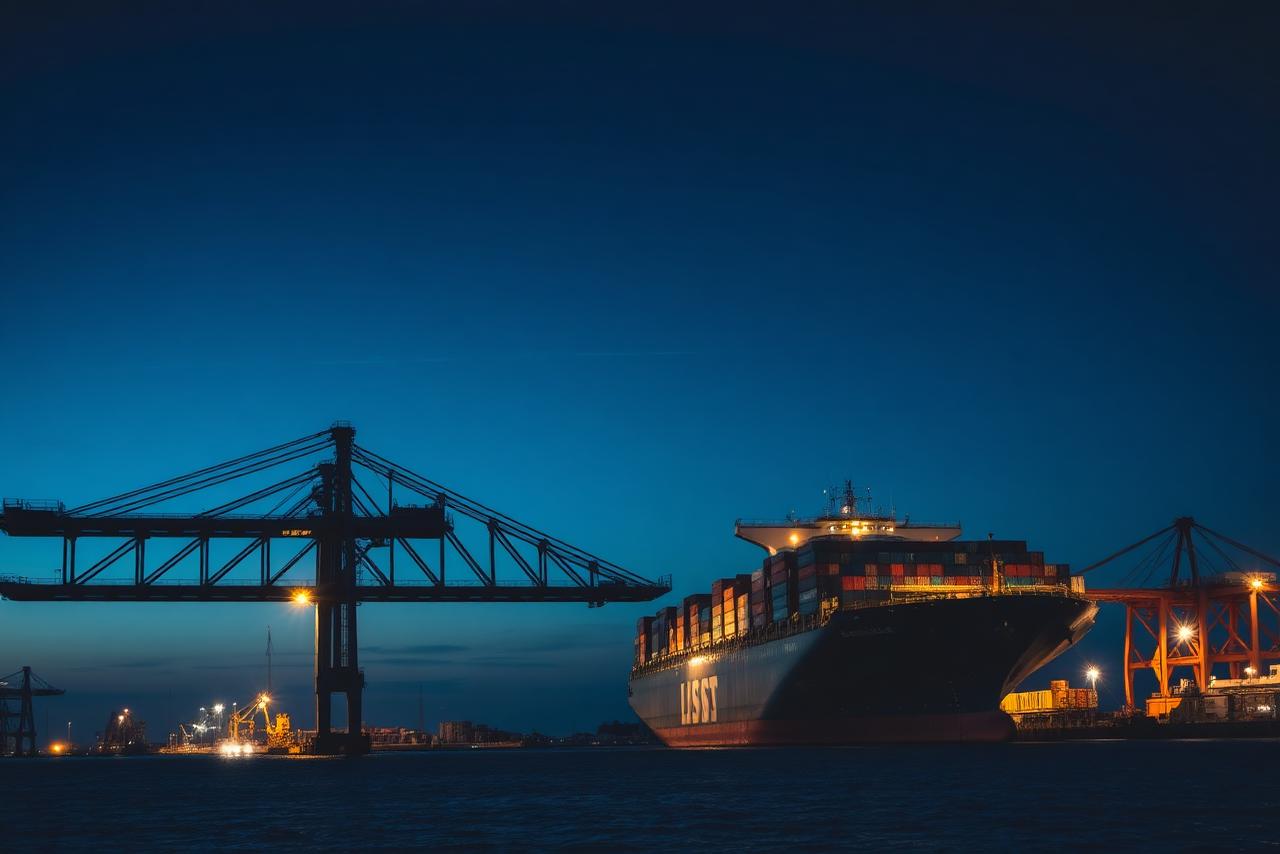 Container ship and port cranes at dusk in deep navy tones