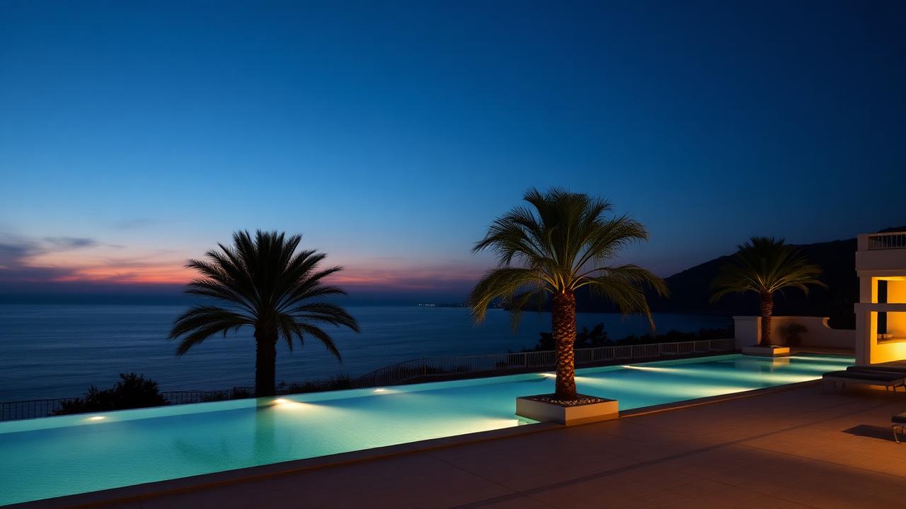 Mediterranean hotel resort terrace with infinity pool at dusk, navy sky and warm gold lights