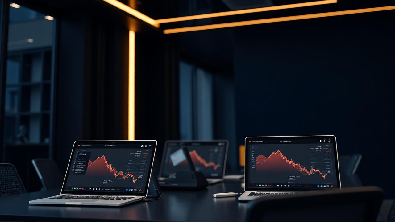 Modern technology office in deep navy tones with warm gold accent lighting and laptops